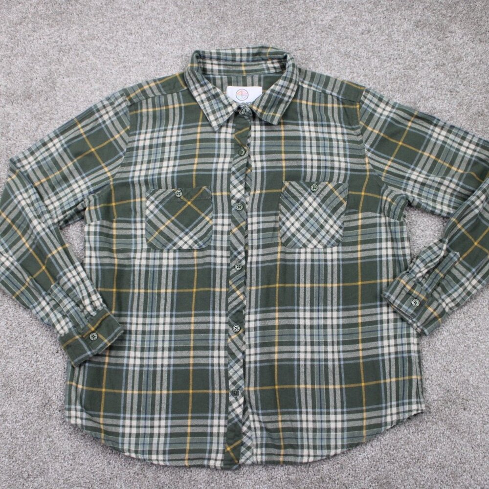 44 degrees North Flannel Shirt Womens Large Green/Yellow/White Cotton L/S Button